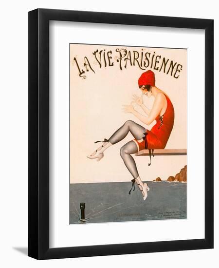 Swimmer on Diving Board, Illustration from La Vie Parisienne , 1920 (Colour Litho).-Georges Leonnec-Framed Giclee Print