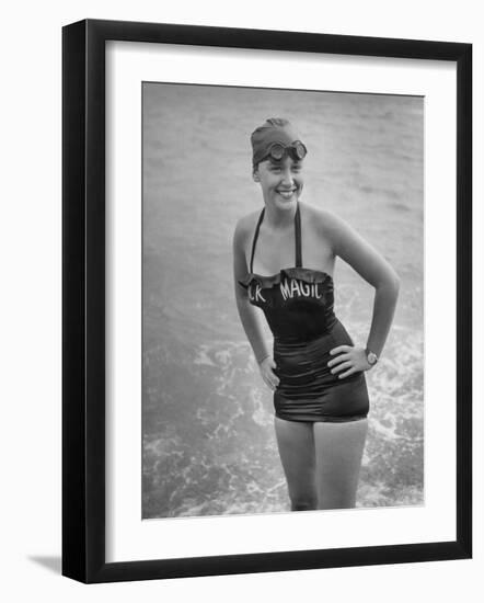 Swimmer Shirley May France, Standing in the Ocean Wearing Her "Black Magic" Swimsuit-null-Framed Photographic Print