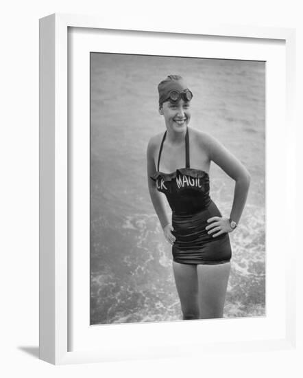 Swimmer Shirley May France, Standing in the Ocean Wearing Her "Black Magic" Swimsuit-null-Framed Photographic Print