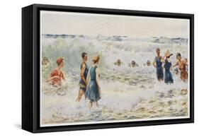 Swimmers Enjoying the Breakers on an Australian Beach-Percy F.s. Spence-Framed Stretched Canvas