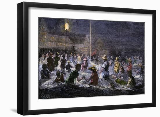 Swimming by Electric Light at Coney Island, New York, 1880s-null-Framed Giclee Print