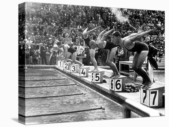 Swimming Competition at Berlin Olympic Games in 1936 : Here Swimmers Diving in Swimmming Pool-null-Stretched Canvas