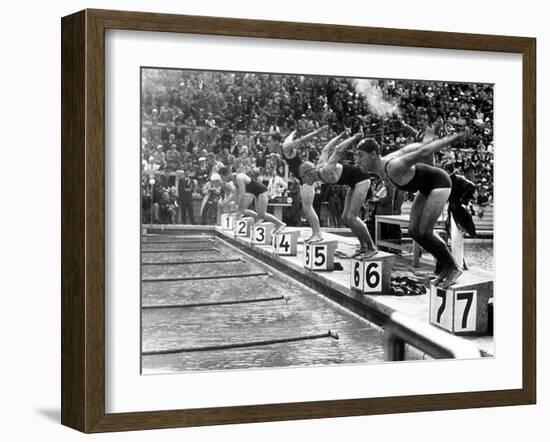 Swimming Competition at Berlin Olympic Games in 1936 : Here Swimmers Diving in Swimmming Pool-null-Framed Photo