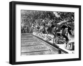 Swimming Competition at Berlin Olympic Games in 1936 : Here Swimmers Diving in Swimmming Pool-null-Framed Photo