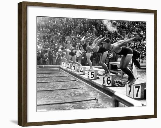 Swimming Competition at Berlin Olympic Games in 1936 : Here Swimmers Diving in Swimmming Pool-null-Framed Photo