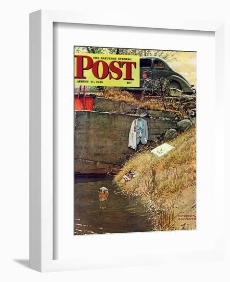 "Swimming Hole" Saturday Evening Post Cover, August 11,1945-Norman Rockwell-Framed Giclee Print