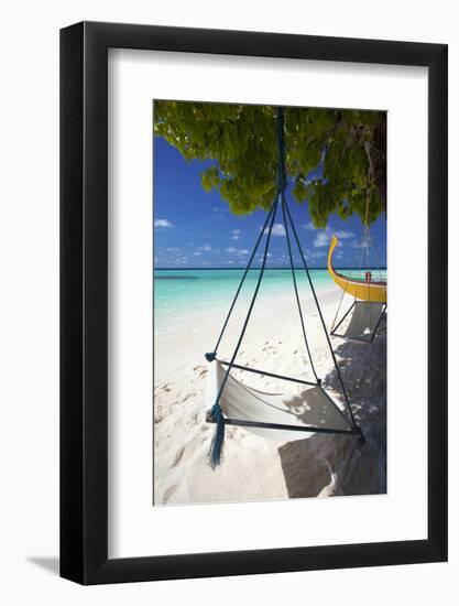 Swing and Traditional Boat on Tropical Beach, Maldives, Indian Ocean, Asia-Sakis Papadopoulos-Framed Photographic Print