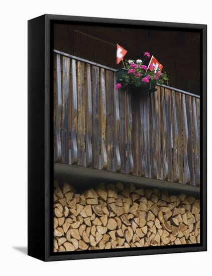 Swiss Flag and Flower Pot, Binn, Wallis, Switzerland-Rolf Nussbaumer-Framed Stretched Canvas