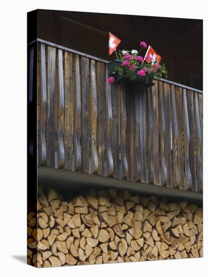 Swiss Flag and Flower Pot, Binn, Wallis, Switzerland-Rolf Nussbaumer-Stretched Canvas