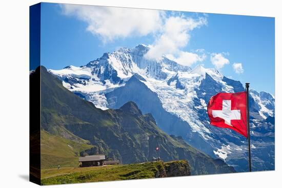 Swiss Flag on the Top of Mannlichen (Jungfrau Region, Bern, Switzerland)-swisshippo-Stretched Canvas