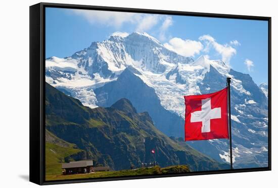 Swiss Flag on the Top of Mannlichen (Jungfrau Region, Bern, Switzerland)-swisshippo-Framed Stretched Canvas