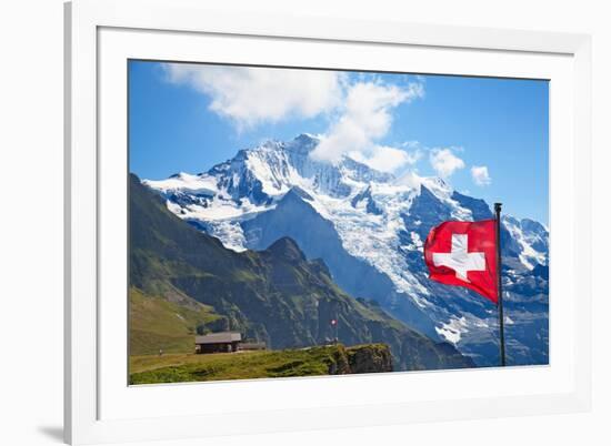 Swiss Flag on the Top of Mannlichen (Jungfrau Region, Bern, Switzerland)-swisshippo-Framed Photographic Print