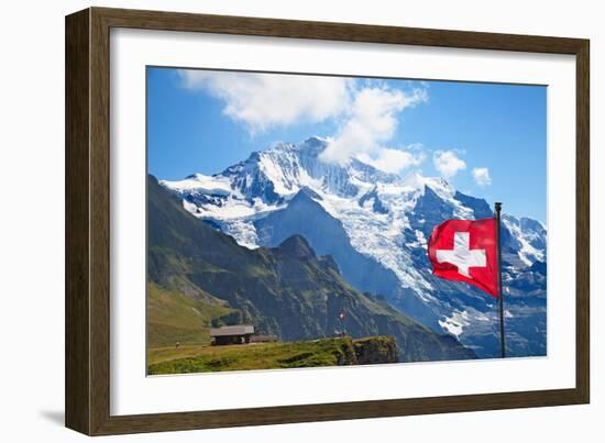 Swiss Flag on the Top of Mannlichen (Jungfrau Region, Bern, Switzerland)-swisshippo-Framed Photographic Print