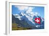 Swiss Flag on the Top of Mannlichen (Jungfrau Region, Bern, Switzerland)-swisshippo-Framed Photographic Print