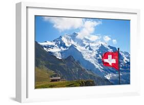 Swiss Flag on the Top of Mannlichen (Jungfrau Region, Bern, Switzerland)-swisshippo-Framed Photographic Print