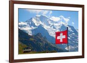 Swiss Flag on the Top of Mannlichen (Jungfrau Region, Bern, Switzerland)-swisshippo-Framed Photographic Print