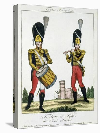 Swiss Guard, Tambour and Fife Players, C.1790 (Colour Litho)-French-Stretched Canvas