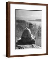 Swiss Psychiatrist Dr. Carl Jung Sitting on Stone Wall Overlooking Lake Zurich-Dmitri Kessel-Framed Premium Photographic Print