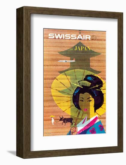 Swissair to Japan, Tokyo - Painted Wooden Store-Donald Brun-Framed Art Print