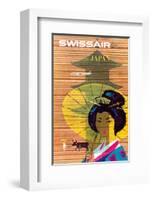 Swissair to Japan, Tokyo - Painted Wooden Store-Donald Brun-Framed Art Print