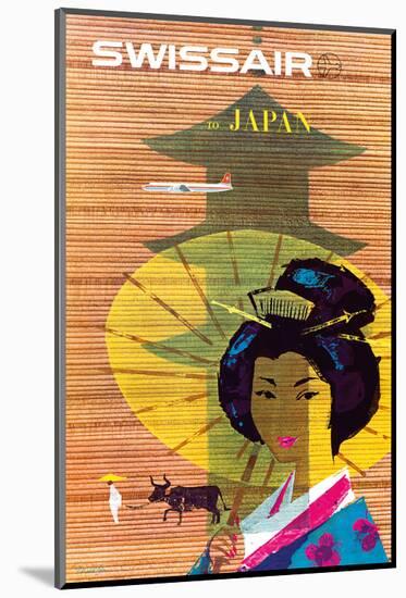 Swissair to Japan, Tokyo - Painted Wooden Store-Donald Brun-Mounted Art Print