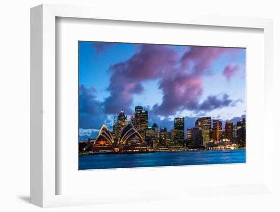 Sydney city skyline and harbour including the Opera House at dusk, Sydney, New South Wales, Austral-Andrew Michael-Framed Photographic Print