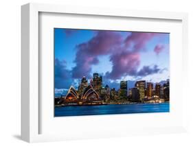 Sydney city skyline and harbour including the Opera House at dusk, Sydney, New South Wales, Austral-Andrew Michael-Framed Photographic Print