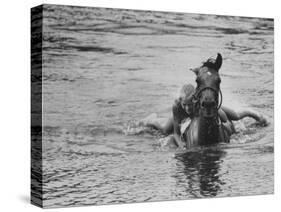 Sydney Hoyle Floundering on Back of Horse in Water at Full Cry Farm-Art Rickerby-Stretched Canvas