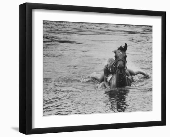 Sydney Hoyle Floundering on Back of Horse in Water at Full Cry Farm-Art Rickerby-Framed Photographic Print