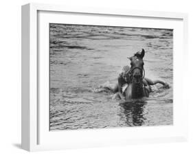 Sydney Hoyle Floundering on Back of Horse in Water at Full Cry Farm-Art Rickerby-Framed Photographic Print