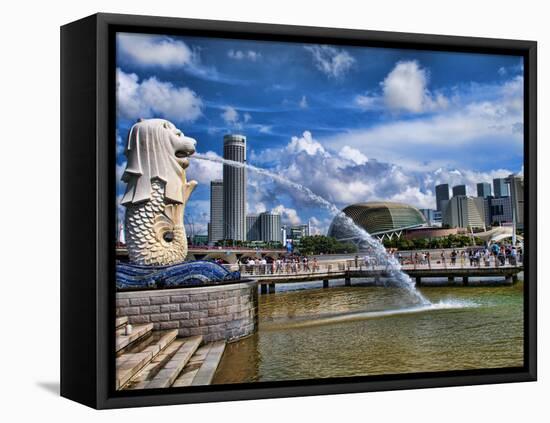 Symbol of Singapore and Downtown Skyline in Fullerton Area, Clarke Quay, Merlion-Bill Bachmann-Framed Stretched Canvas