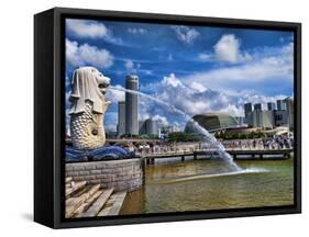 Symbol of Singapore and Downtown Skyline in Fullerton Area, Clarke Quay, Merlion-Bill Bachmann-Framed Stretched Canvas