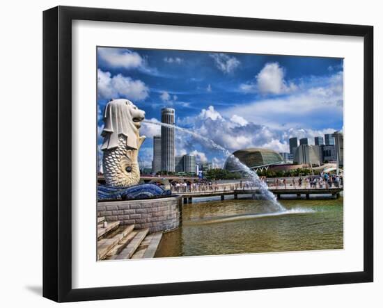 Symbol of Singapore and Downtown Skyline in Fullerton Area, Clarke Quay, Merlion-Bill Bachmann-Framed Photographic Print