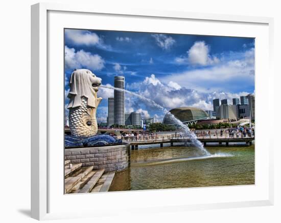 Symbol of Singapore and Downtown Skyline in Fullerton Area, Clarke Quay, Merlion-Bill Bachmann-Framed Photographic Print