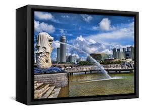 Symbol of Singapore and Downtown Skyline in Fullerton Area, Clarke Quay, Merlion-Bill Bachmann-Framed Stretched Canvas