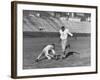 Syracuse Football Player Chuck Zimmerman Holding the Ball to Be Kicked by Teammate Jim Brown-Peter Stackpole-Framed Premium Photographic Print