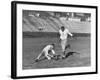 Syracuse Football Player Chuck Zimmerman Holding the Ball to Be Kicked by Teammate Jim Brown-Peter Stackpole-Framed Premium Photographic Print