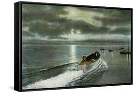 Syracuse, New York - Moonlight Boatride on Onondaga Lake-Lantern Press-Framed Stretched Canvas