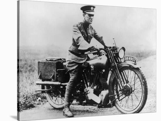 T E Lawrence (Lawrence of Arabia) Sitting on His Motorbike-null-Stretched Canvas