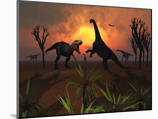 T. Rex Confronts a Group of Camarasaurus Dinosaurs-Stocktrek Images-Mounted Photographic Print