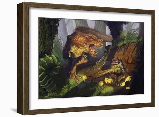 T-Rex Protecting Nest Dinosaur-Lantern Press-Framed Art Print