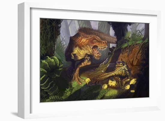 T-Rex Protecting Nest Dinosaur-Lantern Press-Framed Art Print