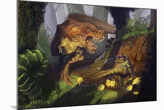 T-Rex Protecting Nest Dinosaur-Lantern Press-Mounted Art Print