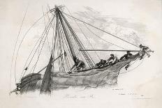 Five Sailors in the Rigging of a Sailing Ship Reefing a Sail-T. Ruhieres-Stretched Canvas