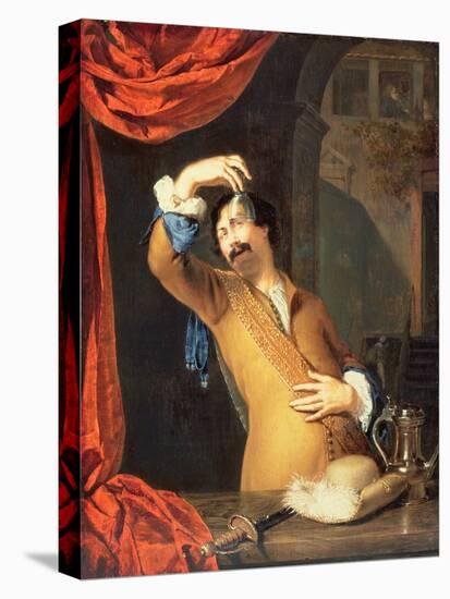 T31553 a Cavalier Standing at a Window Examining a Roemer (Panel)-Willem Van Mieris-Stretched Canvas