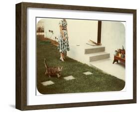 Tabby Cat on Lawn with Lady-null-Framed Art Print