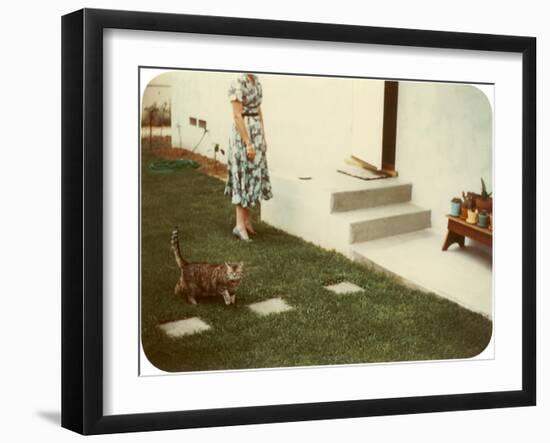 Tabby Cat on Lawn with Lady-null-Framed Art Print