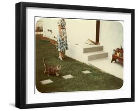 Tabby Cat on Lawn with Lady-null-Framed Art Print