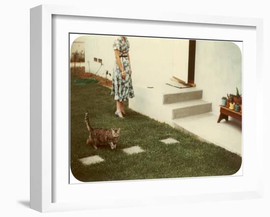 Tabby Cat on Lawn with Lady-null-Framed Art Print