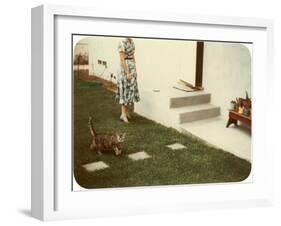 Tabby Cat on Lawn with Lady-null-Framed Art Print